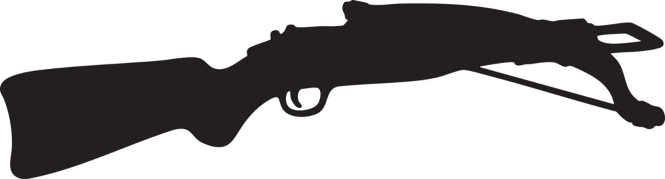 Detailed black silhouette of modern crossbow with stock and trigger, hunting gear, tactical equipment, Medieval archery style, outdoor adventure design