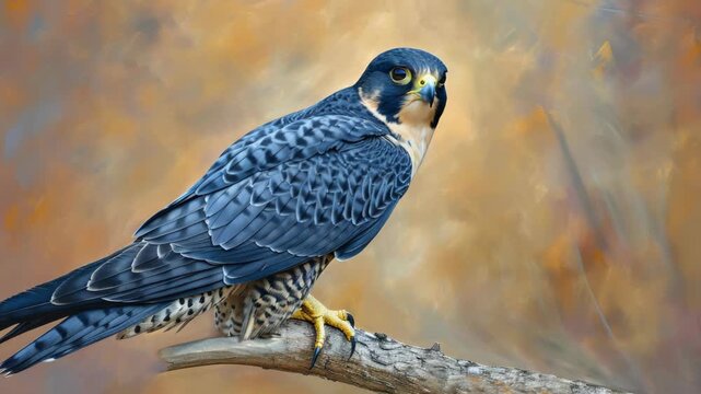 A peregrine falcon stands alert atop a brown leafless branch against the backdrop of golden and orange autumnal foliage.