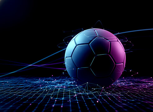 Glowing modern soccer ball with energy effect on digital grid background