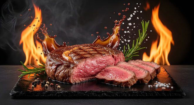 Grilled ribeye steak served with fresh rosemary and sea salt on a stone platter