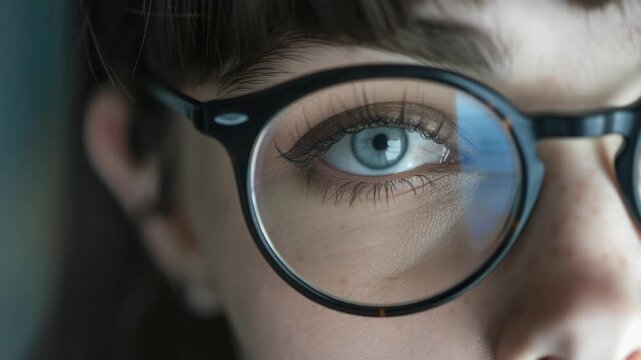 Close-up of human eye behind round glasses. Soft focus on reflective lens surface. Natural skin tones and subtle eye detail. Gentle lighting emphasizes eye and frame