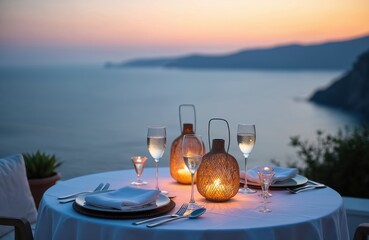 Obraz premium Table set for romantic dinner for two on cliffside terrace overlooking ocean at sunset. Candles glow on table with wine glasses and plates. Evening sea view creates peaceful mood.