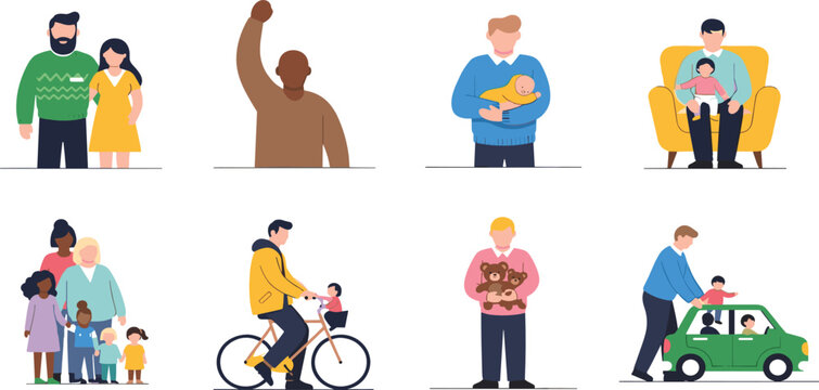 Inclusive fatherhood and family vector set featuring 8 vignettes of fathers with children and community activism in a flat design style.