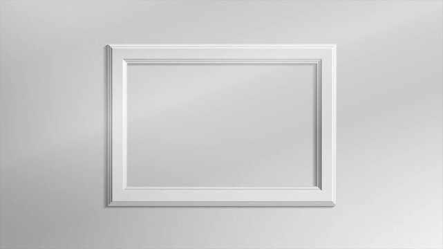 Zoom in on horizontal white empty picture frame on gray wall with shadows. Video animation Ultra HD 4K 3840x2160