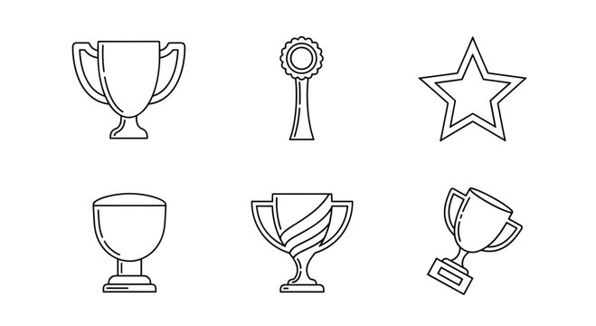 Professional Line Art Trophy and Award Icons Set for Sports Achievement, Competition Winner, Success Recognition and Business Excellence Symbols