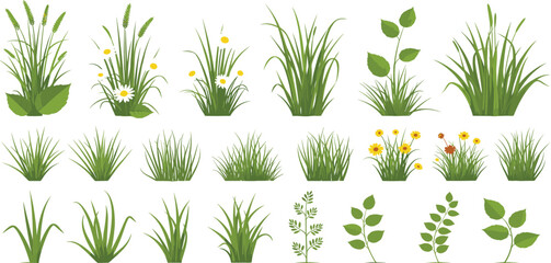 Meadow grass and wildflower vector set featuring 21 tufts of lush lawn daisy and dandelion icons in a flat design style for landscaping © MstRuna
