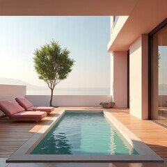 Obraz premium Modern terrace with swimming pool and ocean view. Empty lounge chairs await relaxation under a lone tree. Sun shines on the clear blue water.