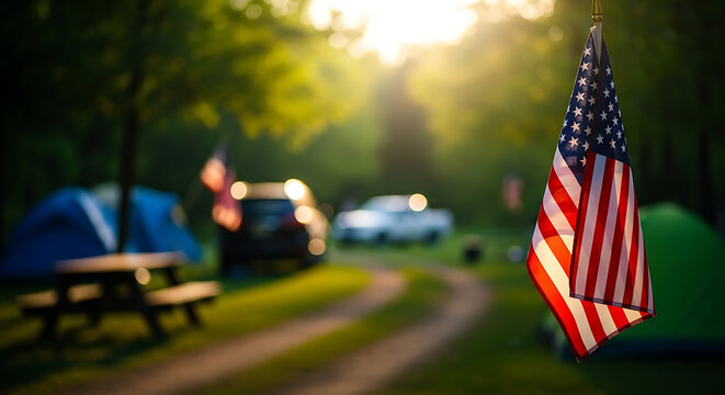 An American flag waves gently in the foreground of a sun-drenched campsite, with tents and vehicles blurred in the background.