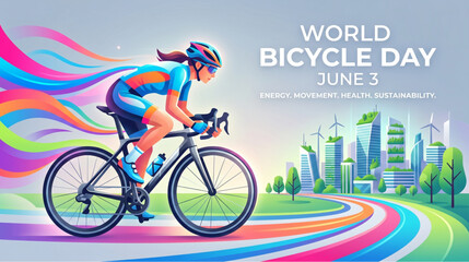 Fototapeta premium Energetic cycling scene with female rider on modern bicycle moving through green city with colorful motion trails for fitness awareness eco travel promotion and healthy lifestyle branding