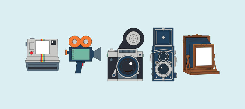 Evolution of Vintage Camera Equipment Collection, Retro Instant Film Camera, Movie Projector, Twin Lens Reflex and Antique Bellows Photography