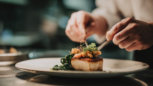 Chef plating an exquisite dish with seared fish, vegetables, and garnish on a white plate in a professional kitchen setting
