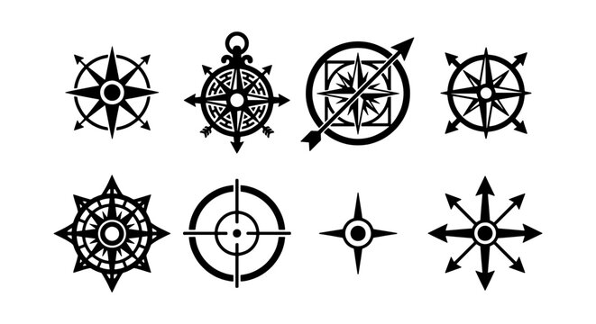 Vintage nautical compass rose icons, set of 8 black wind rose vector symbols, antique maritime navigation signs for maps and travel branding