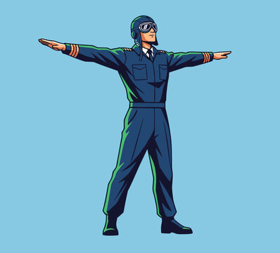 Vintage Aviator Pilot in Uniform and Helmet with Goggles Standing in T-Pose Gesture Isolated on Blue Background for Aviation and History Art