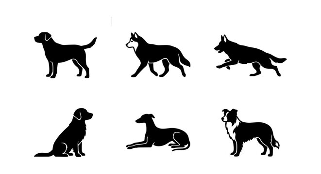 Minimalist dog breed silhouettes set, 6 black canine vector icons, purebred dog profile illustrations for pet shop branding and veterinary logos