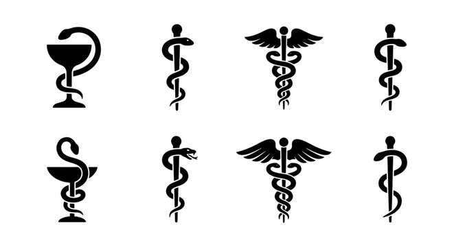 Medical caduceus and rod of asclepius vector icons, pharmacy bowl of hygieia symbols, healthcare and medicine snake emblems set