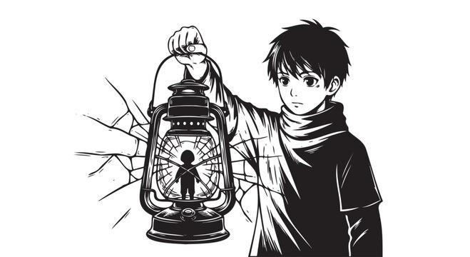 Anime boy holding lantern, black and white illustration, manga style, spooky atmosphere, vector graphic