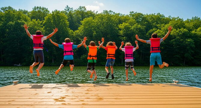 Group of children jumping off a wooden dock into a lake. Kids wearing colorful life jackets enjoy summer camp activities. Concept of outdoor adventure and water safety for youth travel ads.