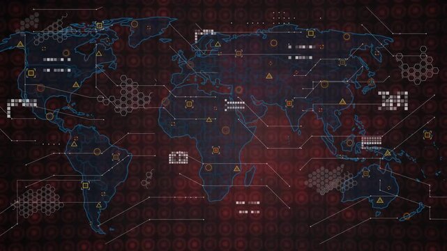 World map expanding from blue Americas outline, adding matrix and hex clusters, pulsing analytics
