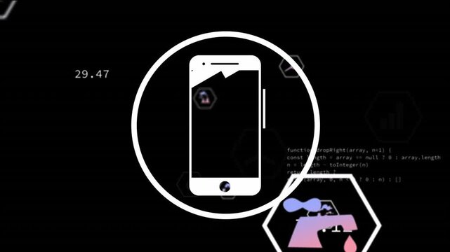 Centered smartphone receiving environment telemetry, orbiting hexagons updating CO2 and H2O metrics