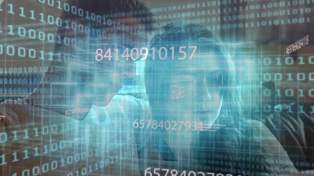 Vertical video: Pair on sofa leaning, holo HUD appearing casting light on faces, reading tech data