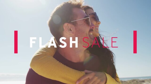 Couple piggyback walking shore, red block starting FLASH SALE overlay over them, promoting retail