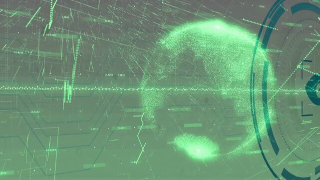 Waveform pulsing sparking holo globe forming, drifting to center, reticle rotating, tech monitoring