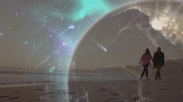 Couple walking beach, globe fading in, revealing city lights sweeping over them, showing tech reach