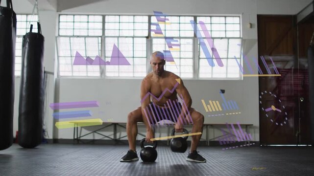 Man shifting in squat, lifting kettlebells alternating, charts over lifter for fitness