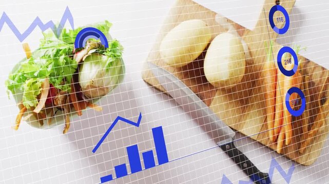 Progress marker appearing, blue infographic animating over board food, showing nutrition trends
