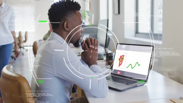 Man sitting desk viewing laptop UI narrowing to NFT to buy, HUD circling hands, chart rising