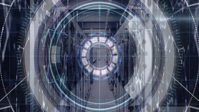 Data center aisle receiving diagnostic ping, HUD rings scanning racks then fading to reveal door