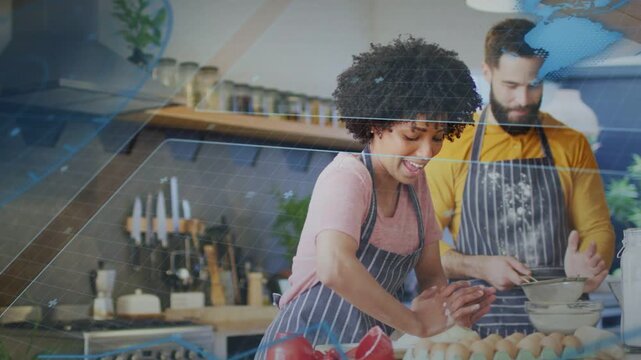 Woman grabbing open carton cracking in kitchen, man sifting, AR timers above bowls, making batter