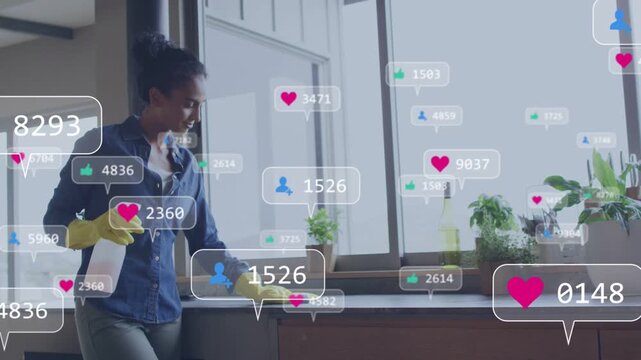 Woman spraying, wiping counter across to clean, overlaid social media feedback bubbles multiplying