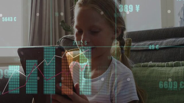 Girl tapping tablet on sofa, causing financial bar charts and line graphs rising to dominate frame