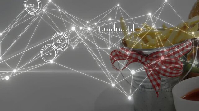 Node network shifting revealing metal cup of fries with ramekin while highlighting HUD for food ads