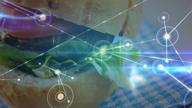 Glowing node starting HUD, nodes expanding and linking, camera shifting closer, highlighting burger