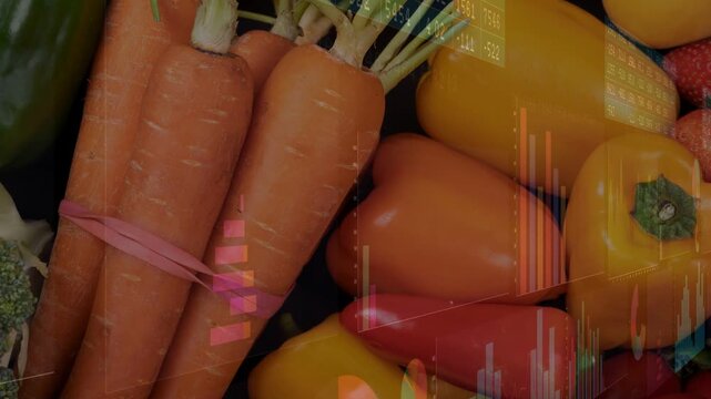 Carrots, peppers centered, data charts sliding in left or top over produce visualizing retail sales