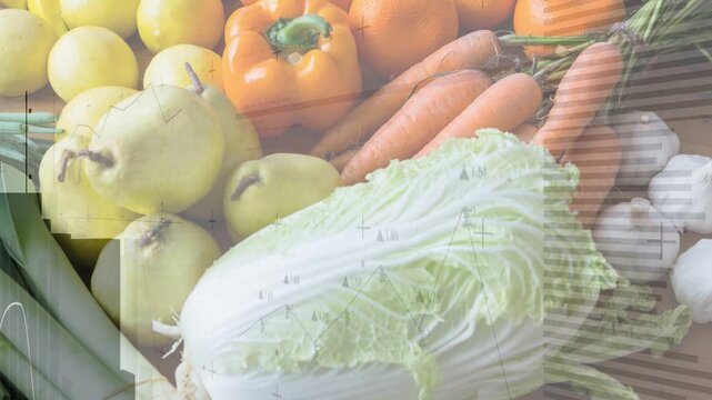 Produce staying static while tech overlay appearing, masks sliding, waveform rising for food QC