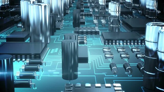 On start camera gliding over PCB revealing metal capacitors, ICs, glowing traces showcasing layout