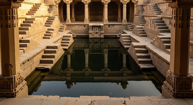 Intricate sandstone steps descend into a tranquil water reservoir within an ancient Indian stepwell, reflecting ornate pillars and architectural details.