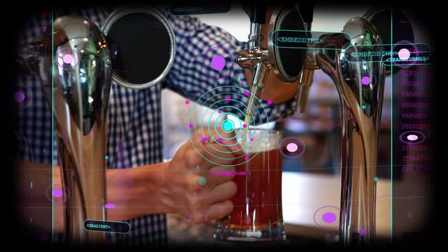 Bartender pulling tap, pouring beer, tuning foam, presenting glass at bar while AR marking pour