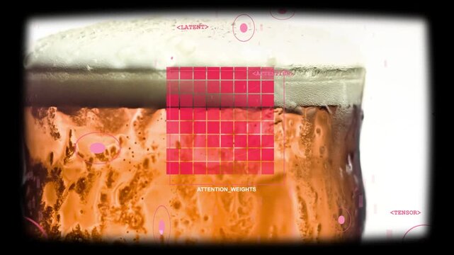 ATTENTION_WEIGHTS grid appearing over glass, pulsing cells, causing panels sliding, motifs floating