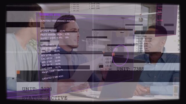 Vertical video: Lead showing page, HUDs appearing and tracking laptop while team checking biz KPIs