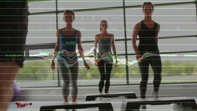 Instructor signaling, participants performing step-ups while waveform syncing to steps for fitness