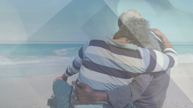 Senior couple on beach, starting embrace, leaning, hands clasping, overlay sweeping for health