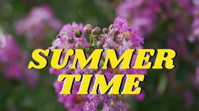 Camera focusing forward, bloom clarifying while yellow SUMMER TIME title staying center marketing