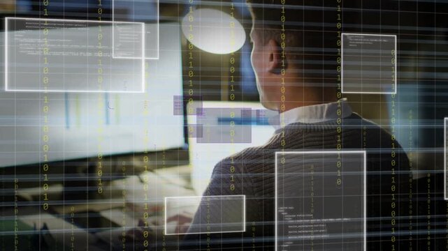 Man typing, UI overlay appearing, purple pop-ups moving, digits cascading, visualizing data flow