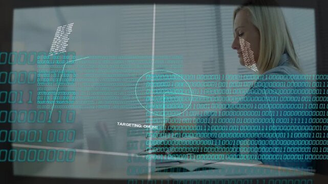Mid-adult woman reaching forward, tapping and swiping desk while adjusting online targeting HUD