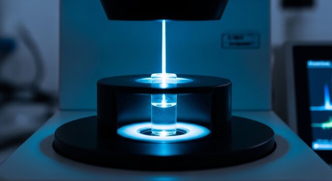 Cuvette in Spectrophotometer Holder Under Blue Light