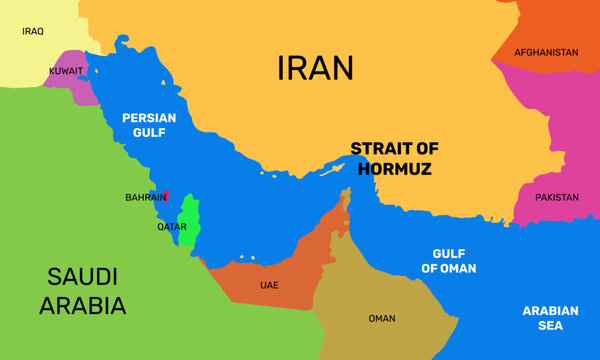 Vector Illustration of Strait of Hormuz. Colorful Map of Middle East